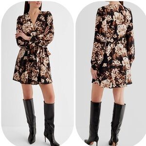 NWT Expects XL Floral Surplice Long Sleeve Tie Waist Black Print Mini Dress